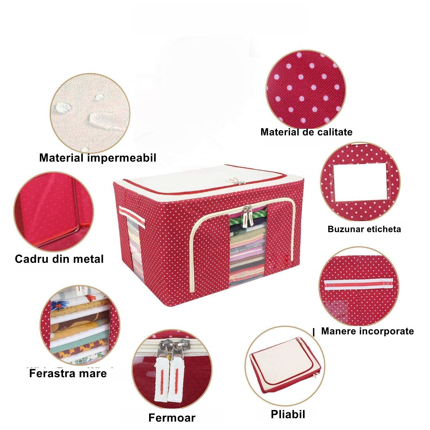 Cutie de Depozitare Pliabila, Flippy, cu Fermoar, 100 L, Textil, 60x42x40 cm, O Fereastra, Cadru Metalic, Suport Baza Stabil din Plastic, imprimeu punctat, Rosu-3