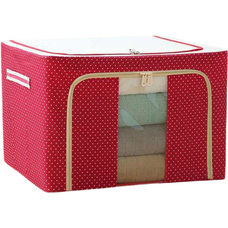 Cutie de Depozitare Pliabila, Flippy, cu Fermoar, 100 L, Textil, 60x42x40 cm, O Fereastra, Cadru Metalic, Suport Baza Stabil din Plastic, imprimeu punctat, Rosu-2