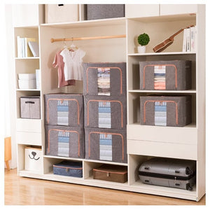 Cutie de Depozitare Pliabila, Flippy, 24 L, din Bumbac si In, 40x30x20 cm, 2 Ferestre, Frontala si Laterala, 2 Usi de Acces cu Fermoar Bidirectional, Cadru Metalic, Suport Baza Stabil din Plastic, Gri-0