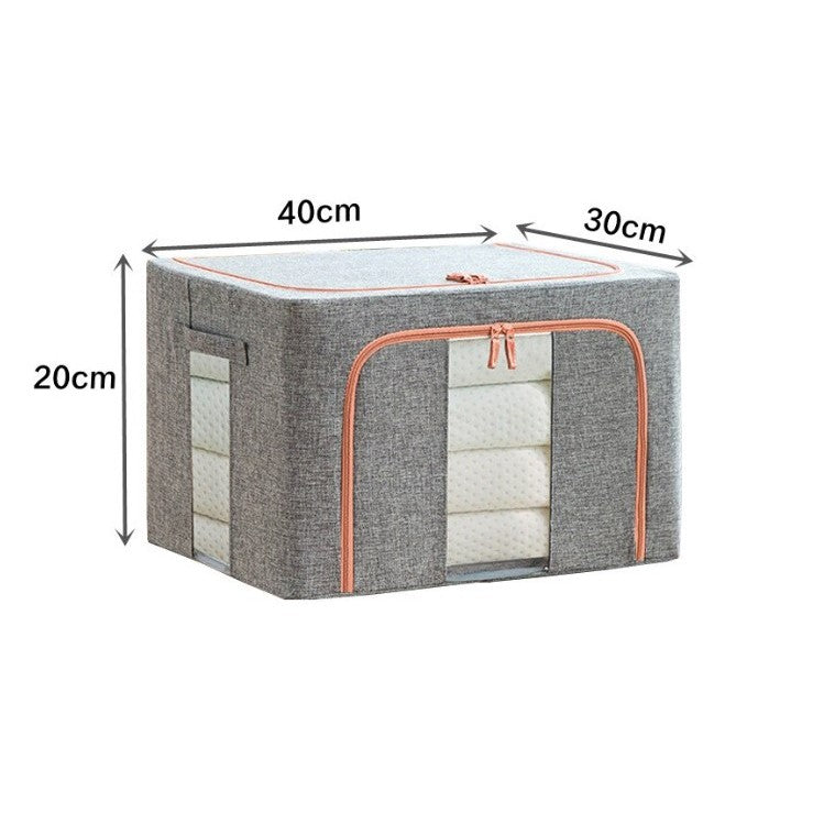 Cutie de Depozitare Pliabila, Flippy, 24 L, din Bumbac si In, 40x30x20 cm, 2 Ferestre, Frontala si Laterala, 2 Usi de Acces cu Fermoar Bidirectional, Cadru Metalic, Suport Baza Stabil din Plastic, Gri-1