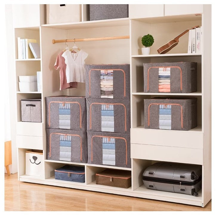 Cutie de Depozitare Pliabila, Flippy, 24 L, din Bumbac si In, 40x30x20 cm, 2 Ferestre, Frontala si Laterala, 2 Usi de Acces cu Fermoar Bidirectional, Cadru Metalic, Suport Baza Stabil din Plastic, Gri-3