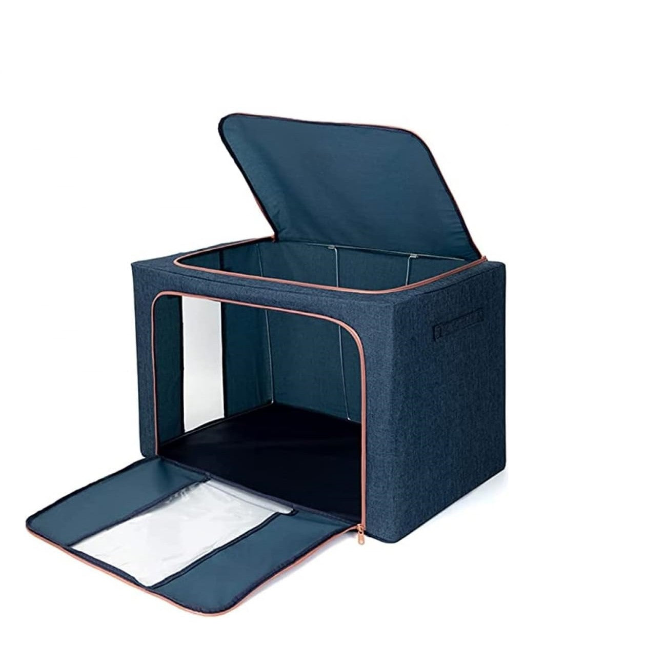 Cutie de Depozitare Pliabila, Flippy, Cu Fermoar, 24 L, Textil, 40x30x20 cm, Cadru Metalic, Suport Baza Stabil din Plastic, Albastru Marin cu Doua Ferestre-2