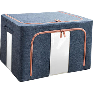Cutie de Depozitare Pliabila, Flippy, Cu Fermoar, 24 L, Textil, 40x30x20 cm, Cadru Metalic, Suport Baza Stabil din Plastic, Albastru Marin cu Doua Ferestre-0