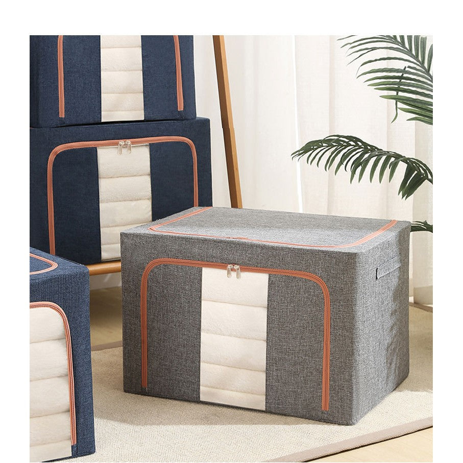 Cutie de Depozitare Pliabila, Flippy, 24 L, din Bumbac si In, 40x30x20 cm, Fereastra Frontala, 2 Usi de Acces cu Fermoar Bidirectional, Cadru Metalic, Suport Baza Stabil din Plastic, Gri-0