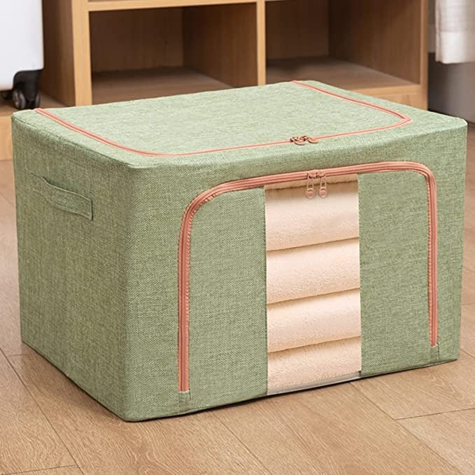 Cutie de Depozitare Pliabila, Flippy, 24 L, din Bumbac si In, 40x30x20 cm, Fereastra Frontala, 2 Usi de Acces cu Fermoar Bidirectional, Cadru Metalic, Suport Baza Stabil din Plastic, Verde-0