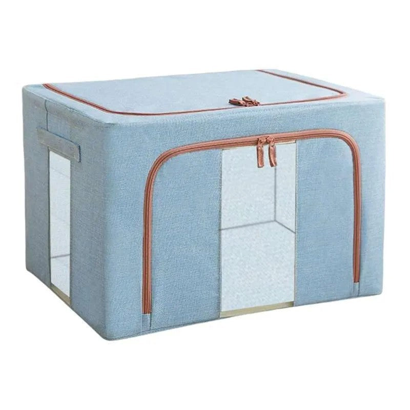 Cutie de Depozitare Pliabila, Flippy, 66 L, din Bumbac si In, 50x40x33 cm, 2 Ferestre, Frontala si Laterala, 2 Usi de Acces cu Fermoar Bidirectional, Cadru Metalic, Suport Baza Stabil din Plastic, Bleu-2