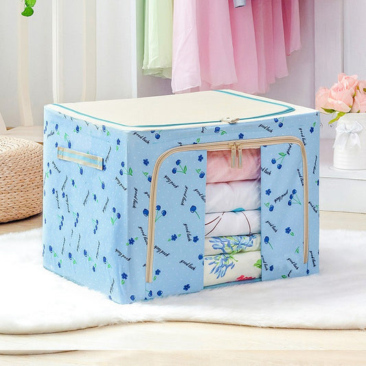 Cutie de Depozitare Pliabila, Flippy, 66 L, din Tesatura Oxford, 50x40x33 cm, Fereastra Frontala, 2 Usi de Acces cu Fermoar Bidirectional, Cadru Metalic, Suport Baza Stabil din Plastic, Imprimeu Cirese, Albastru-1