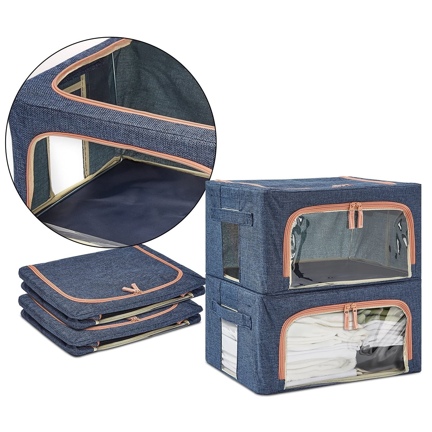 Cutie de depozitare pliabila, Flippy, Cu fermoar, 66 L, Textil, 50x40x33 cm, Albastru Marin, Cadru Metalic, Suport Baza Stabil din Plastic, Cu doua ferestre-2