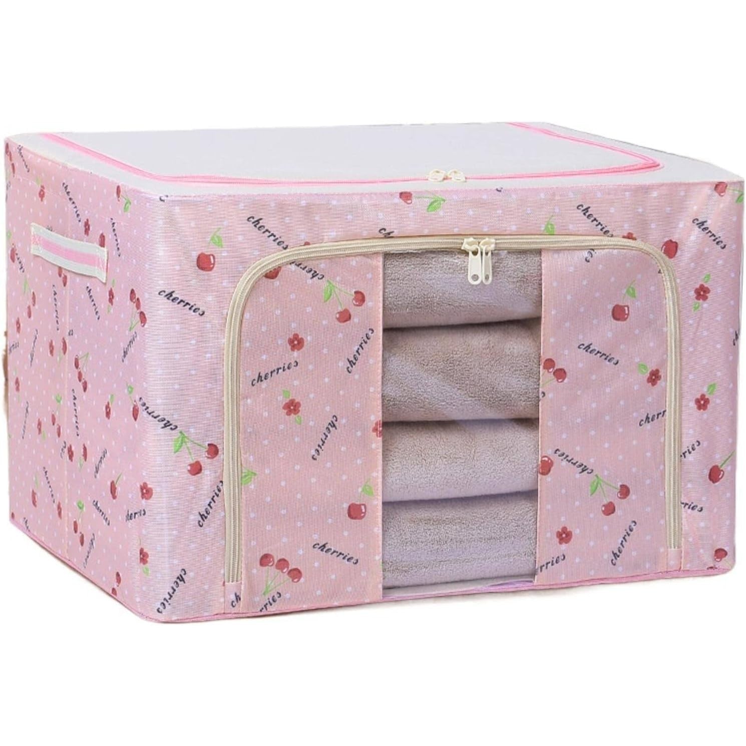 Cutie de Depozitare Pliabila, Flippy, Cu Fermoar, 66 L, Textil, 50x40x33 cm, cu Fereastra, Cadru Metalic, Suport Baza Stabil din Plastic, Imprimeu Cirese, Roz-2