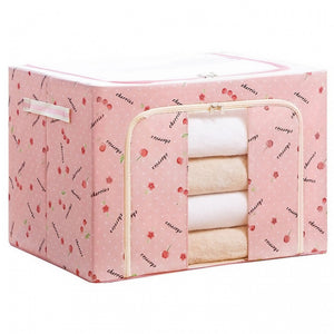 Cutie de Depozitare Pliabila, Flippy, Cu Fermoar, 66 L, Textil, 50x40x33 cm, cu Fereastra, Cadru Metalic, Suport Baza Stabil din Plastic, Imprimeu Cirese, Roz-0