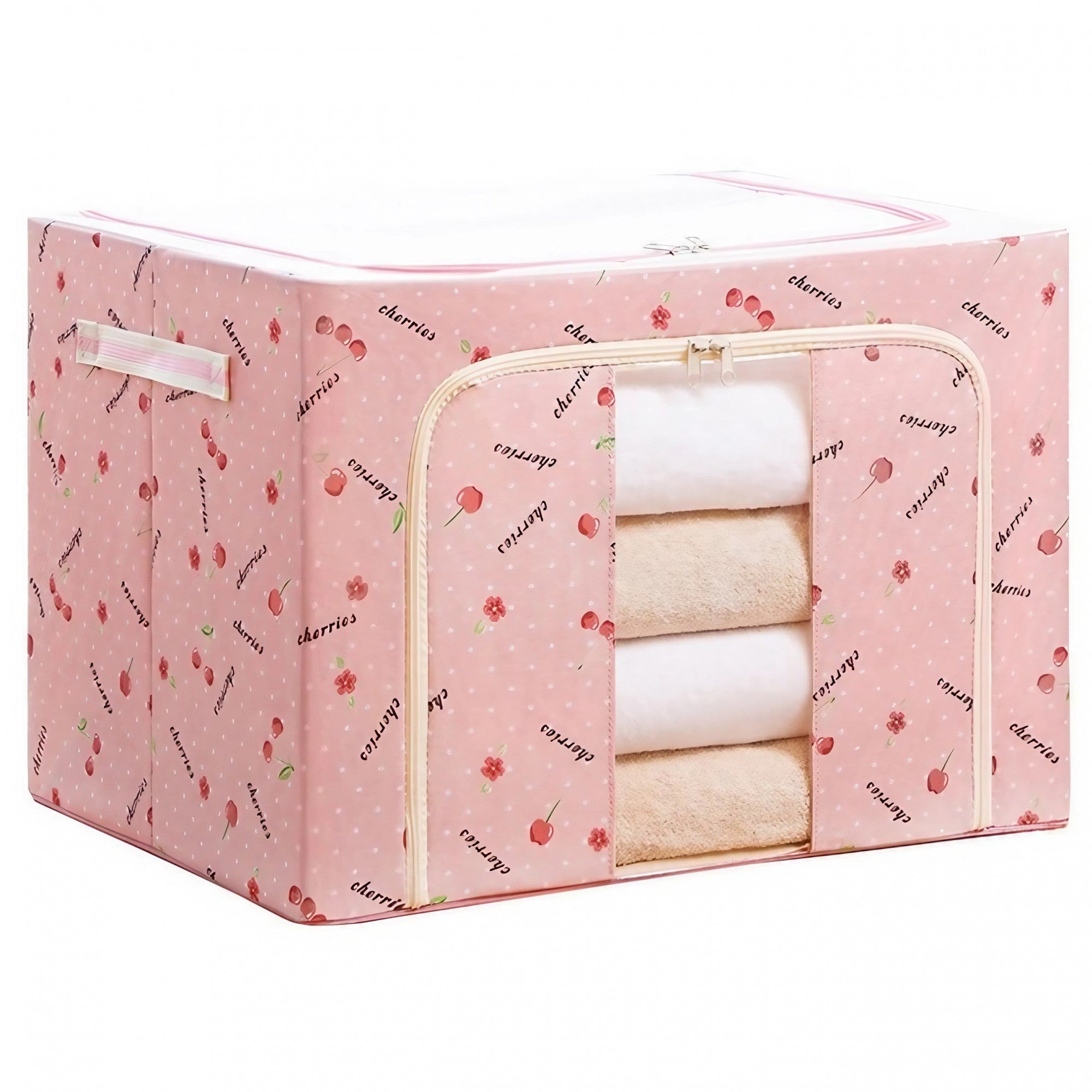 Cutie de Depozitare Pliabila, Flippy, Cu Fermoar, 66 L, Textil, 50x40x33 cm, cu Fereastra, Cadru Metalic, Suport Baza Stabil din Plastic, Imprimeu Cirese, Roz, Resigilat-0