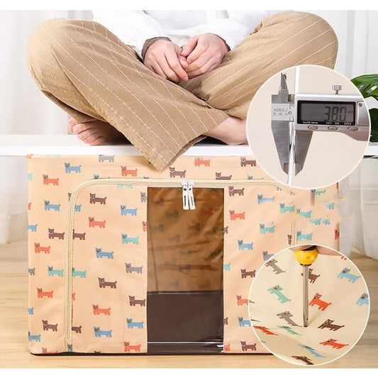 Cutie de Depozitare Pliabila, Flippy, 66 L, Panza Oxford, 50x40x33 cm, Fereastra Frontala, 2 Usi de Acces cu Fermoar Bidirectional, Cadru Metalic, Suport Baza Stabil din Plastic, Imprimeu Catelus, Bej-1