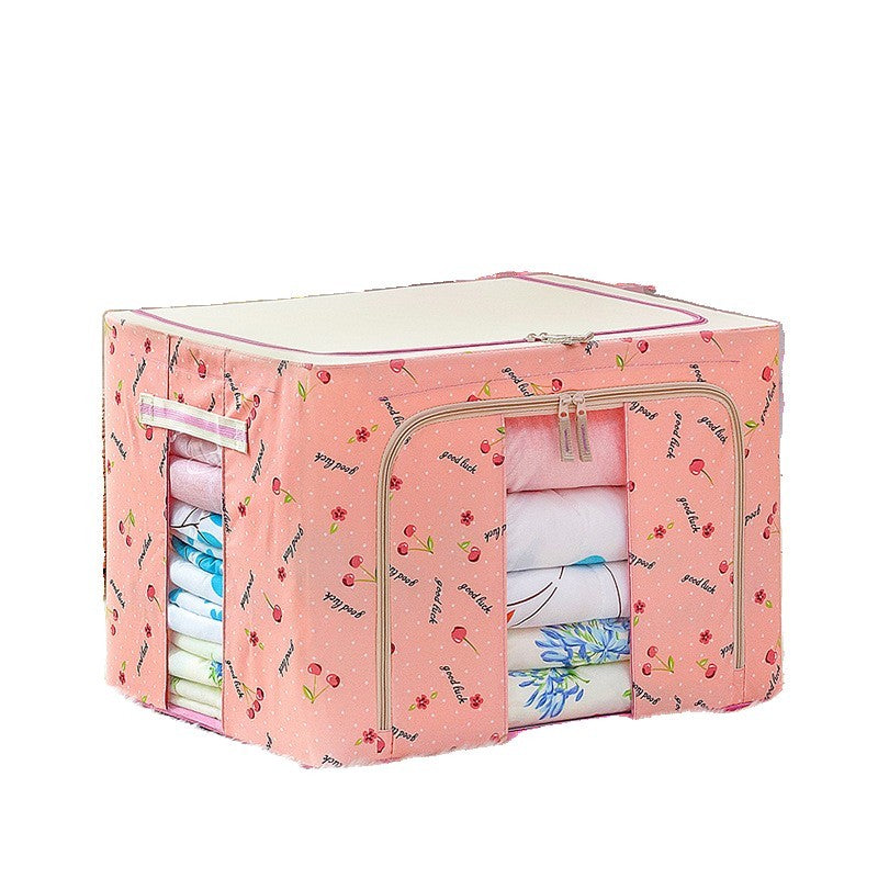Cutie de Depozitare Pliabila, Flippy, 66 L, din Tesatura Oxford, 50x40x33 cm, 2 Ferestre, Frontala si Laterala, 2 Usi de Acces cu Fermoar Bidirectional, Cadru Metalic, Suport Baza Stabil din Plastic, Imprimeu Cirese, Roz-2