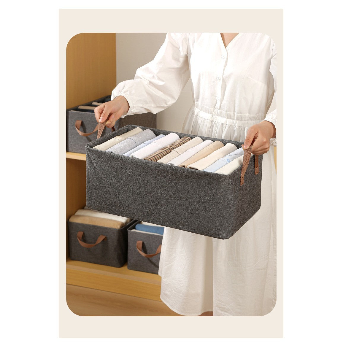 Cutie de Depozitare Tip Cos, Flippy, Material Textil, Pliabila, 47x35x30 cm, 50 l, Cadru Metalic, cu Manere, Gri-3