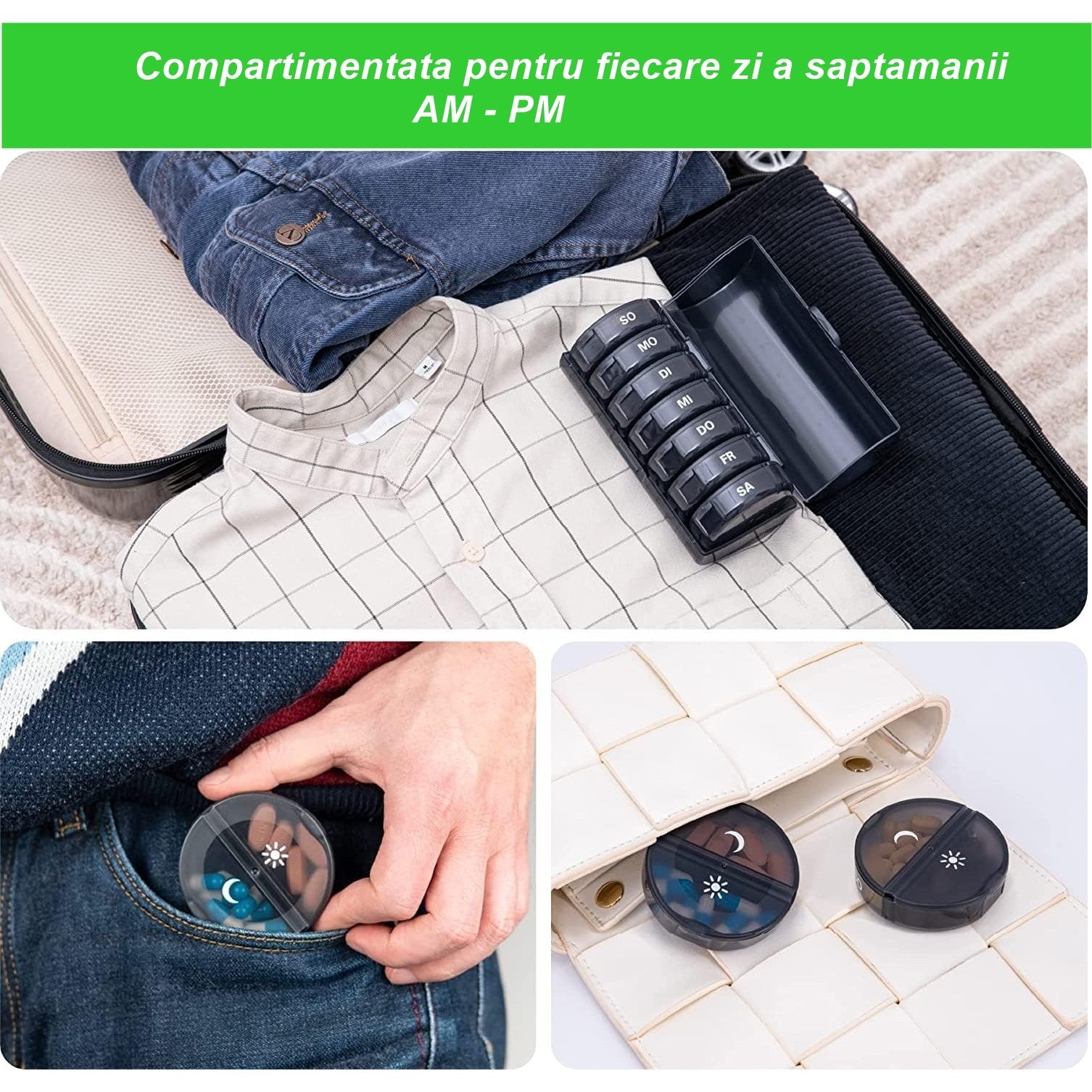 Cutie Depozitare Medicamente, Flippy, 7 Zile, 14 Compartimente, Cutie Suport, Recipiente Detasabile, Portabila, Negru, 17.5x11x9.5 cm-3