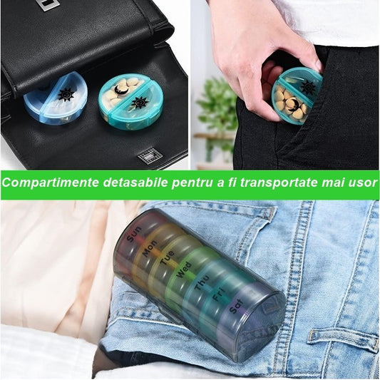 Cutie Depozitare Medicamente, Flippy, 7 Zile, 14 Compartimente, Cutie Suport, Recipiente Detasabile, Portabila, Recipiente Colorate, Suport Negru, 17.5x11x9.5 cm-1
