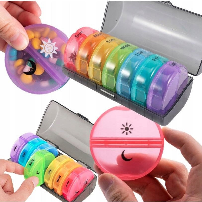 Cutie Depozitare Medicamente, Flippy, 7 Zile, 14 Compartimente, Cutie Suport, Recipiente Detasabile, Portabila, Recipiente Colorate, Suport Negru, 17.5x11x9.5 cm-2