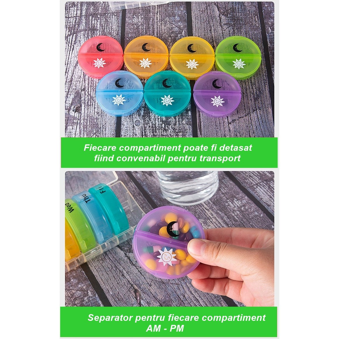 Cutie Depozitare Medicamente, Flippy, 7 Zile, 14 Compartimente, Cutie Suport, Recipiente Detasabile, Portabila, Recipiente Colorate, Suport Negru, 17.5x11x9.5 cm-4