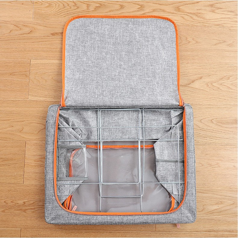 Cutie de Depozitare Pliabila, Flippy, 24 L, din Bumbac si In, 40x30x20 cm, Fereastra Frontala, 2 Usi de Acces cu Fermoar Bidirectional, Cadru Metalic, Suport Baza Stabil din Plastic, Gri-3