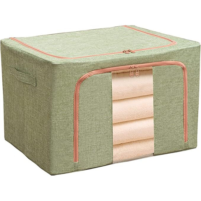Cutie de Depozitare Pliabila, Flippy, 24 L, din Bumbac si In, 40x30x20 cm, Fereastra Frontala, 2 Usi de Acces cu Fermoar Bidirectional, Cadru Metalic, Suport Baza Stabil din Plastic, Verde-2