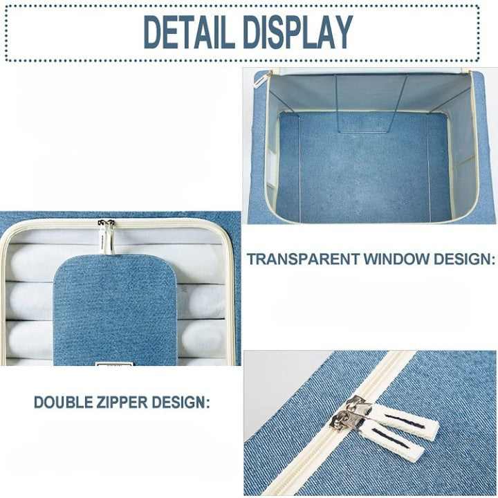 Cutie de Depozitare Pliabila, Flippy, 66 L, din Bumbac si In, 50x40x33 cm, Fereastra Frontala, 2 Usi de Acces cu Fermoar Bidirectional, Cadru Metalic, Suport Baza Stabil din Plastic, Albastru Marin-3