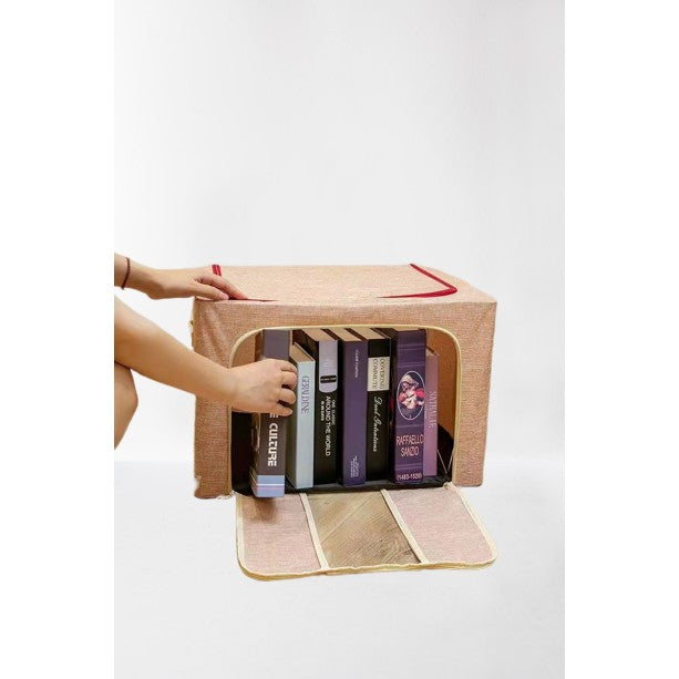 Cutie de Depozitare Pliabila, Flippy, 66 L, din Bumbac si In, 50x40x33 cm, Fereastra Frontala, 2 Usi de Acces cu Fermoar Bidirectional, Cadru Metalic, Suport Baza Stabil din Plastic, Roz Pudrat-1