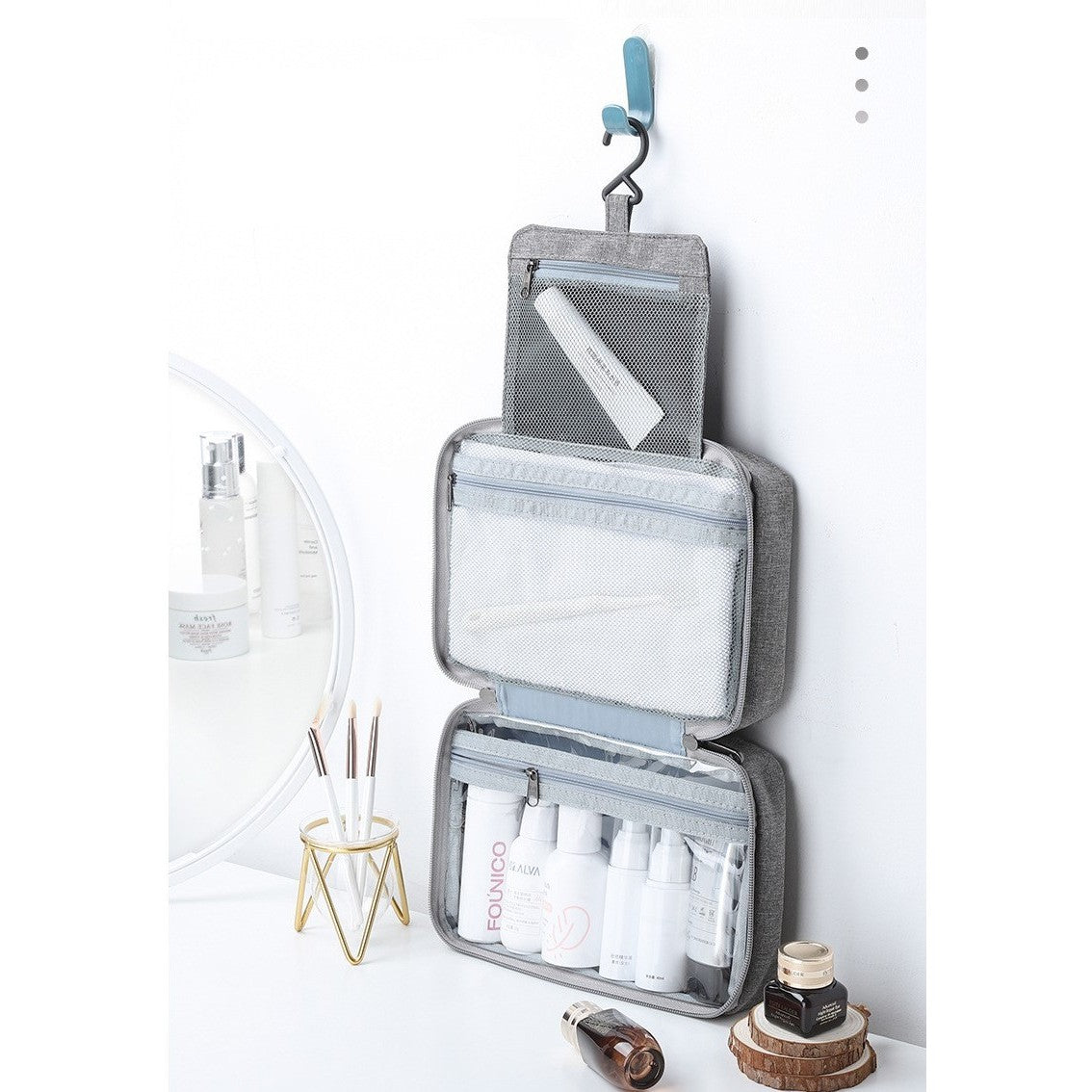 Geanta cosmetice voiaj, Flippy, material textil, impermeabil, Gri, 12.5 x 9 x 22 cm-1