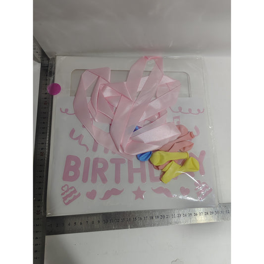 Cutie pentru Baloane, Flippy, Tematica Aniversare, Model Scris Happy Birthday, Baloane Albastre, Roz, Galbene si Panglica Incluse, Contur Alb, Transparenta, 30x30 cm-1
