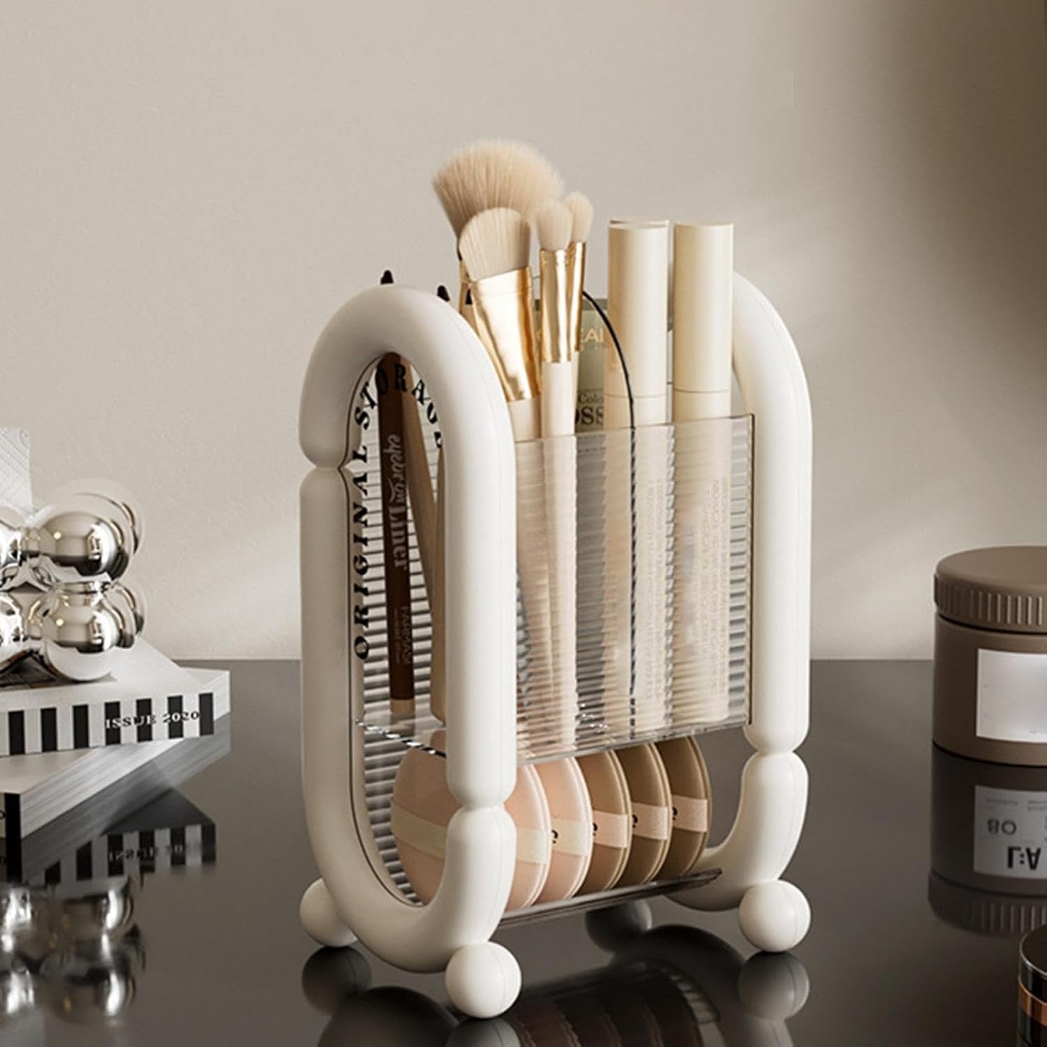 Cutie pentru Depozitare Cosmetice, Flippy, pentru Pensule, Creioane si Buretei, 4 Compartimente, din Plastic, 12 x 10 x 20 cm, Alb-1