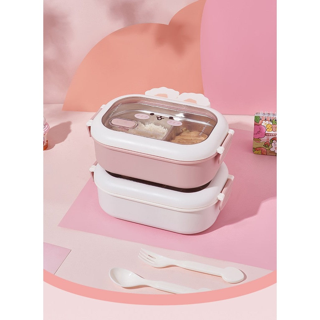 Cutie pentru Pranz sau Gustari, Flippy, cu Doua Compartimente, Model Iepuras, pentru Copii si Adulti, Etansare, PP, Perfect pentru Scoala si Birou, 1000 mL, 22x17.8x8 cm, Roz-2