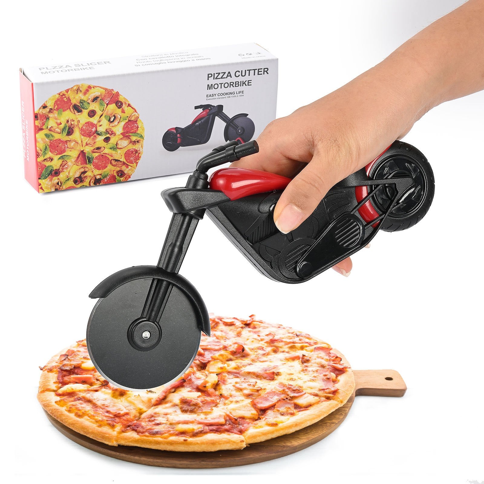 Cutit pizza creativ Flippy, in forma de motocicleta, cu suport pentru cutit, 21.5 x 9.5 cm, otel/PP, negru-5