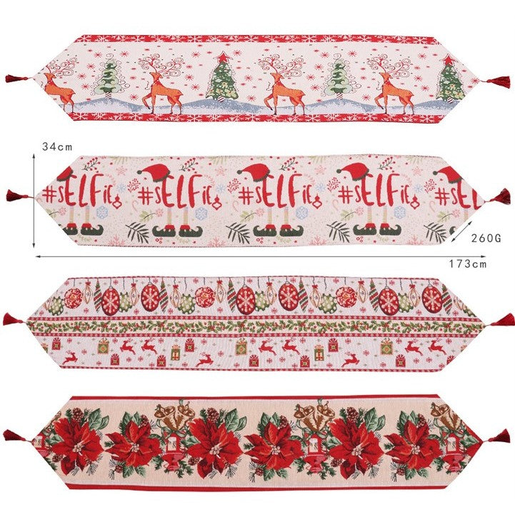 Traversa de Masa pentru Craciun, Flippy, Napron, din Material Tricotat cu Tesatura Groasa, Model Globuri, Reni si Cadouri, cu Colt si Ciucure, 173x34x0.2 cm, Alb/ Rosu-2