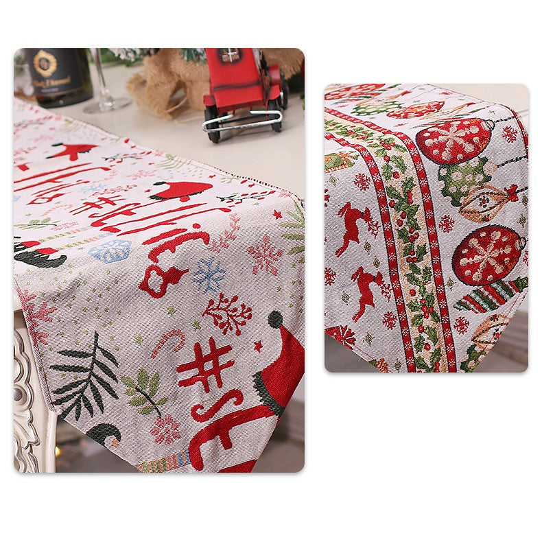 Traversa de Masa pentru Craciun, Flippy, Napron, din Material Tricotat cu Tesatura Groasa, Model Globuri, Reni si Cadouri, cu Colt si Ciucure, 173x34x0.2 cm, Alb/ Rosu-3