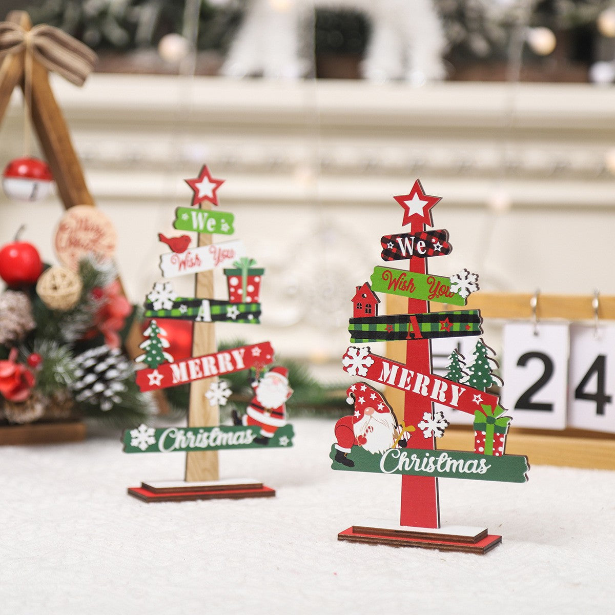 Decoratiune de Craciun din Lemn, Flippy, pentru Masa, Scris We Wish You A Merry Christmas, Model Bradut, 21.5x12.2x4 cm, Multicolor-8