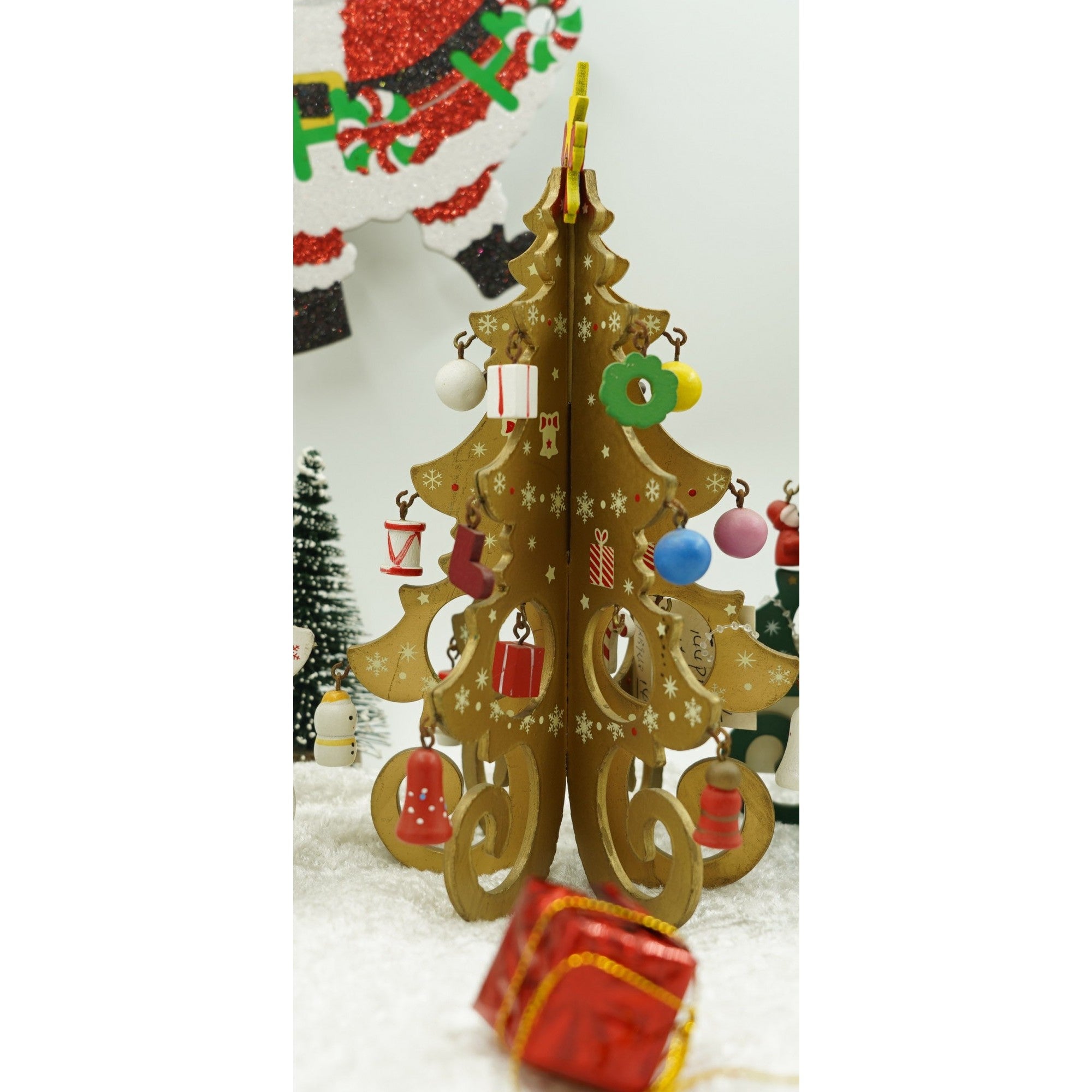 Decoratiune Craciun, Brad, Auriu, 6 cavitati cu ornamente, 12 cm x 20 cm, Lemn, Flippy-3