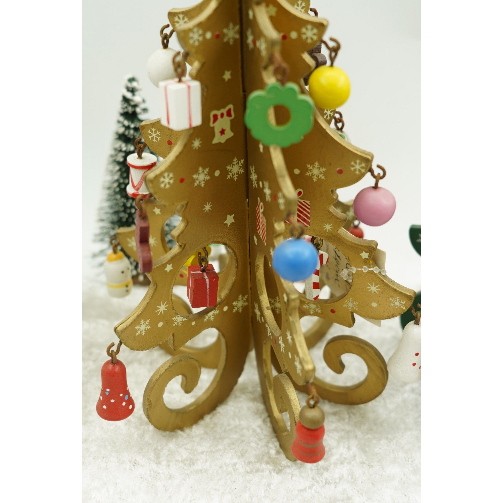 Decoratiune Craciun, Brad, Auriu, 6 cavitati cu ornamente, 12 cm x 20 cm, Lemn, Flippy-4