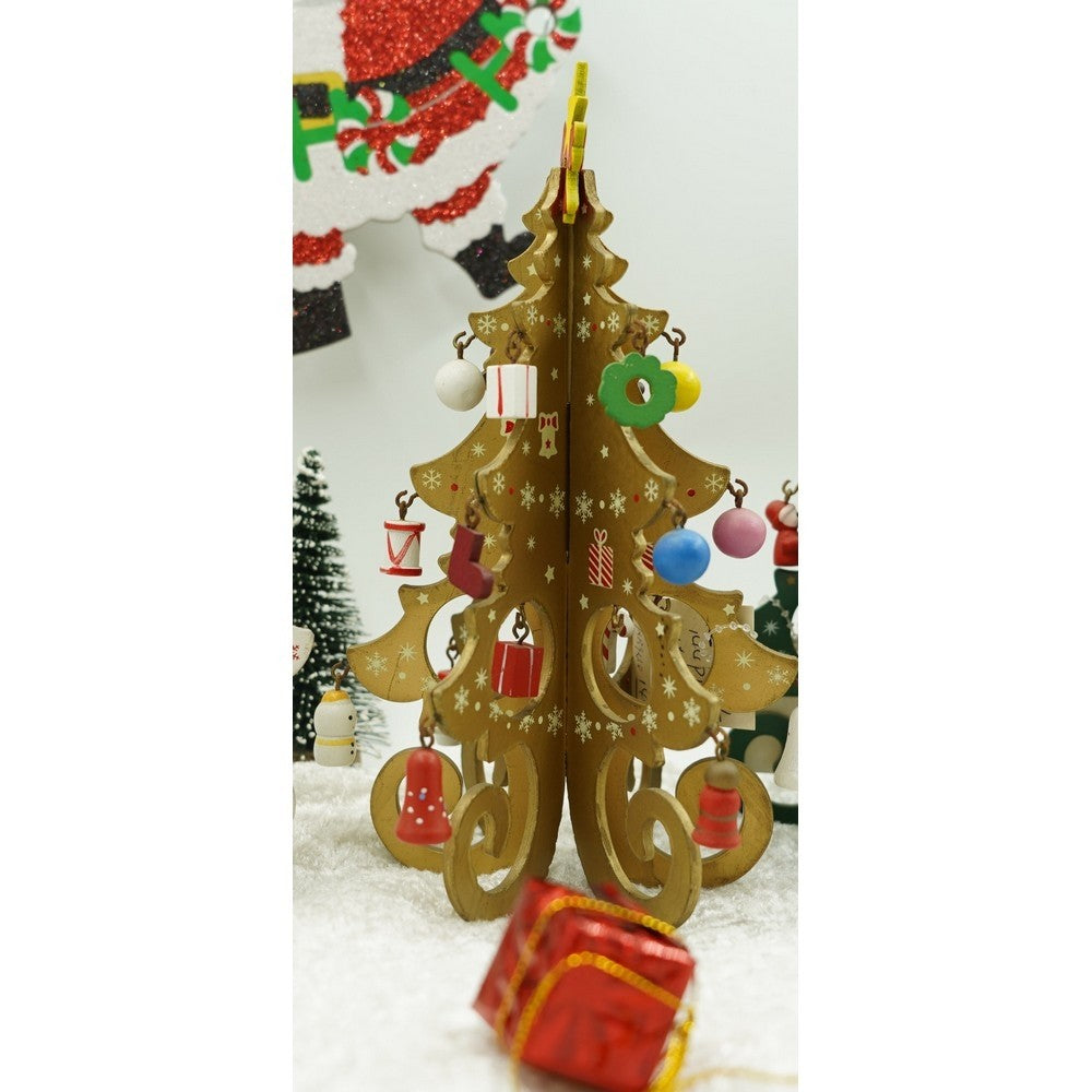 Decoratiune Craciun, Brad, Auriu, 6 cavitati cu ornamente, 12 cm x 20 cm, Lemn, Flippy-8