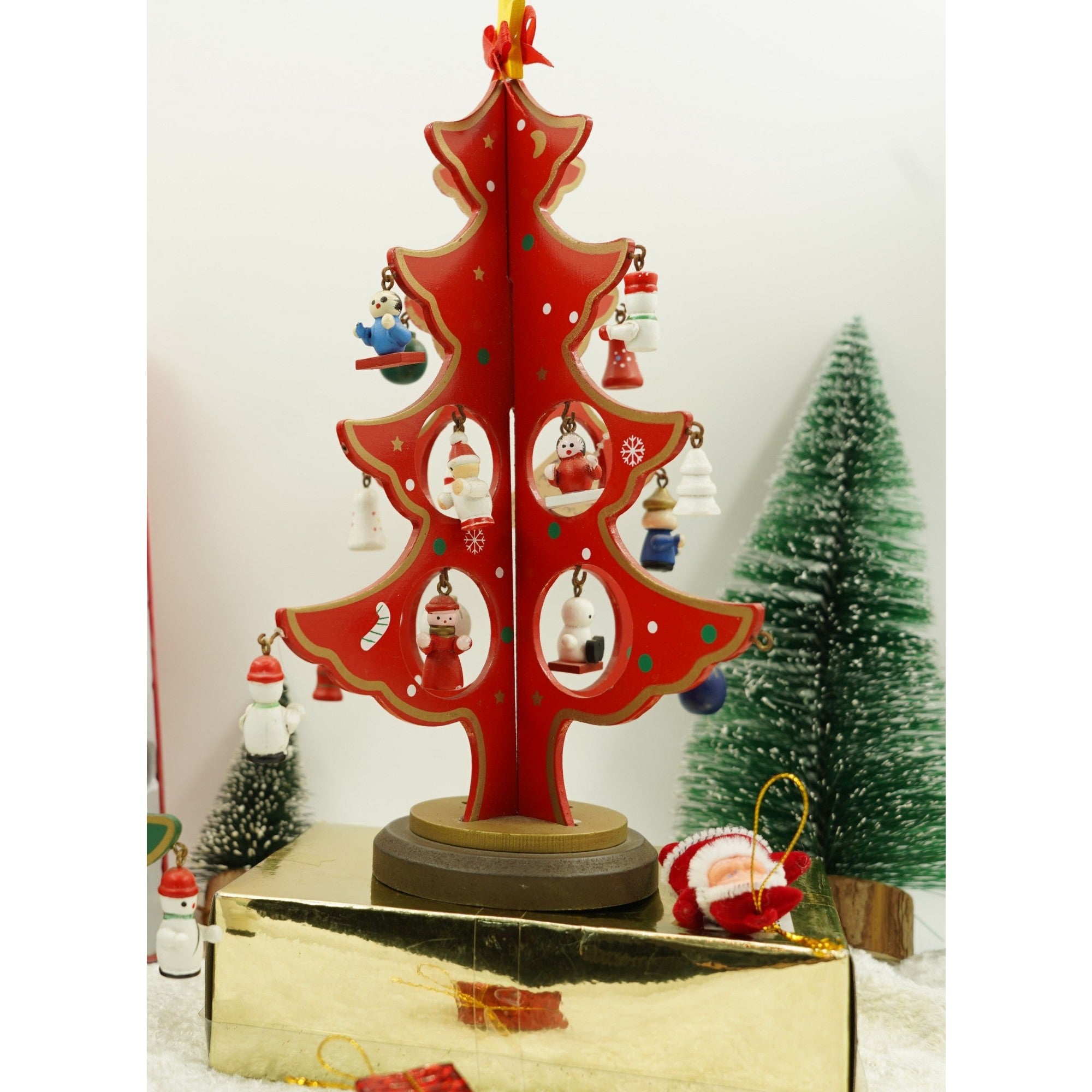 Decoratiune Craciun, Brad, Rosu, 8 cavitati cu ornamente, 18.5 cm x 25 cm, Lemn, Flippy-4