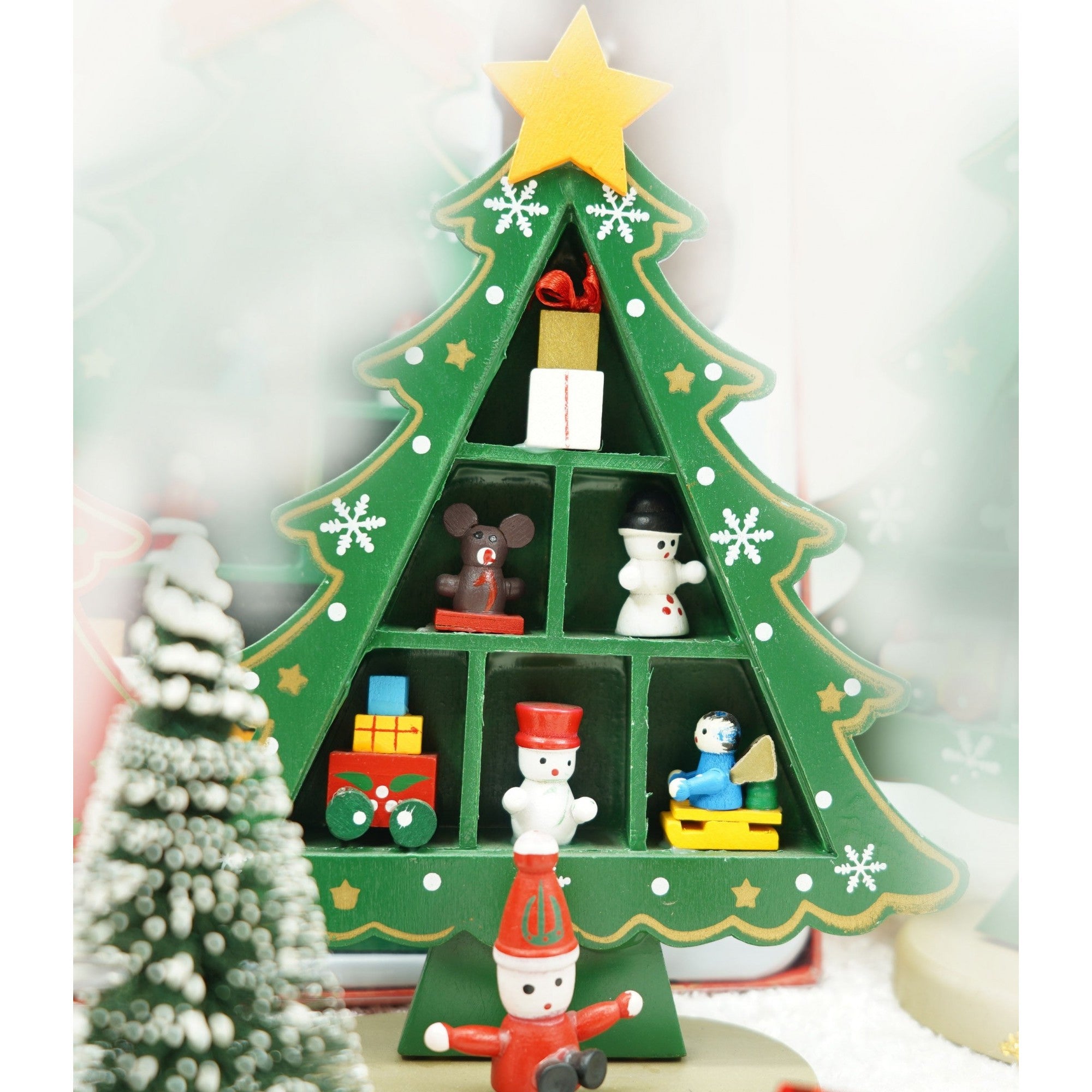 Decoratiune Craciun, Brad, Verde, 3 randuri cu ornamente, 12 cm x 18 cm, Lemn, Flippy-2