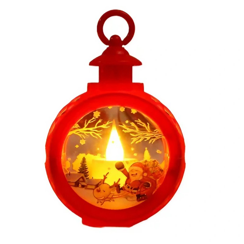 Decoratiune Craciun tip Felinare cu baterii, 13.5 x 9 cm,Lumanare cu geam si inscriptie Mos Craciun cu sanie,lumina alb cald,baterii incluse,Rosu-0