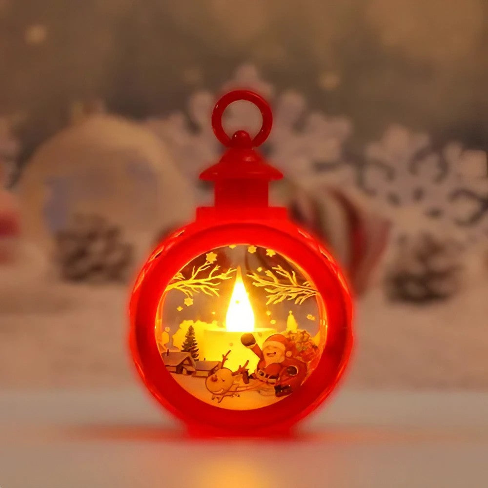 Decoratiune Craciun tip Felinare cu baterii, 13.5 x 9 cm,Lumanare cu geam si inscriptie Mos Craciun cu sanie,lumina alb cald,baterii incluse,Rosu-2