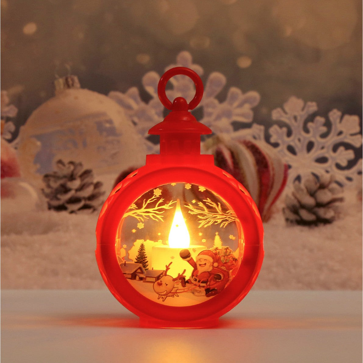 Decoratiune Craciun tip Felinare cu baterii, 13.5 x 9 cm,Lumanare cu geam si inscriptie Mos Craciun cu sanie,lumina alb cald,baterii incluse,Rosu-1
