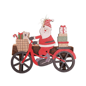 Decoratiune de Craciun din Lemn, Flippy, cu Snur pentru Agatare in Brad, Model Mos Craciun pe Bicicleta, 10.3x11.5x0.5 cm, Multicolor-0