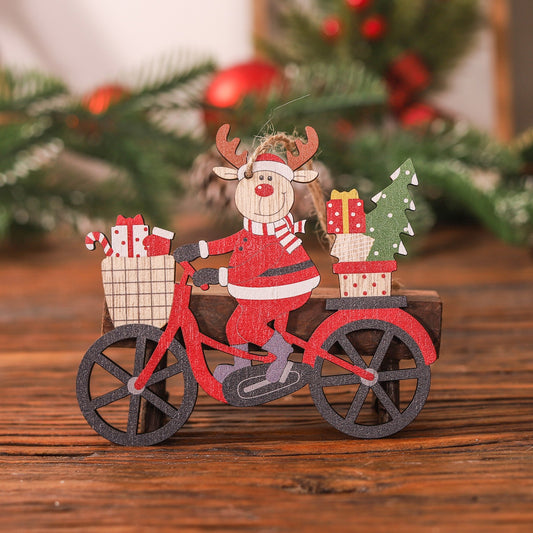 Decoratiune de Craciun din Lemn, Flippy, cu Snur pentru Agatare in Brad, Model Ren pe Bicicleta, 10.3x11.5x0.5 cm, Multicolor-1