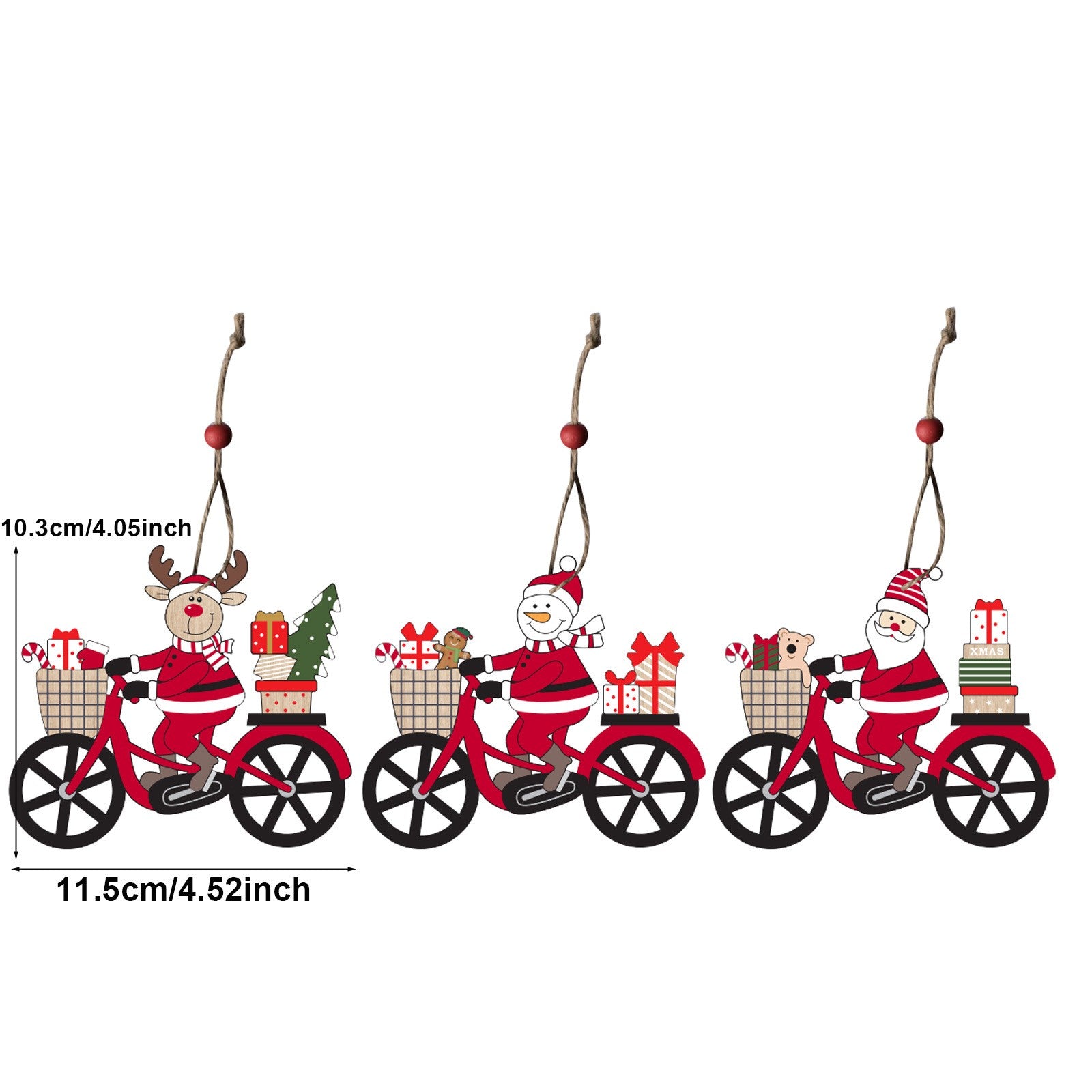 Decoratiune de Craciun din Lemn, Flippy, cu Snur pentru Agatare in Brad, Model Ren pe Bicicleta, 10.3x11.5x0.5 cm, Multicolor-2