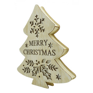 Decoratiune luminoasa, model de Brad cu inscriptie Marry Christmas, alb, lungime: 19 cm, latime: 3 cm, inaltime: 22 cm, lemn, interior/exterior-0