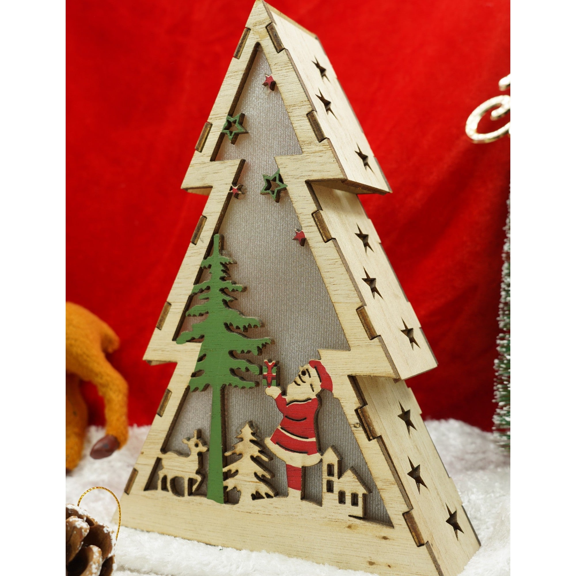 Decoratiune luminoasa, model de Brad cu Mos Craciun, maro, lungime: 14 cm, latime: 5 cm, inaltime: 20 cm, lemn, interior/exterior-1