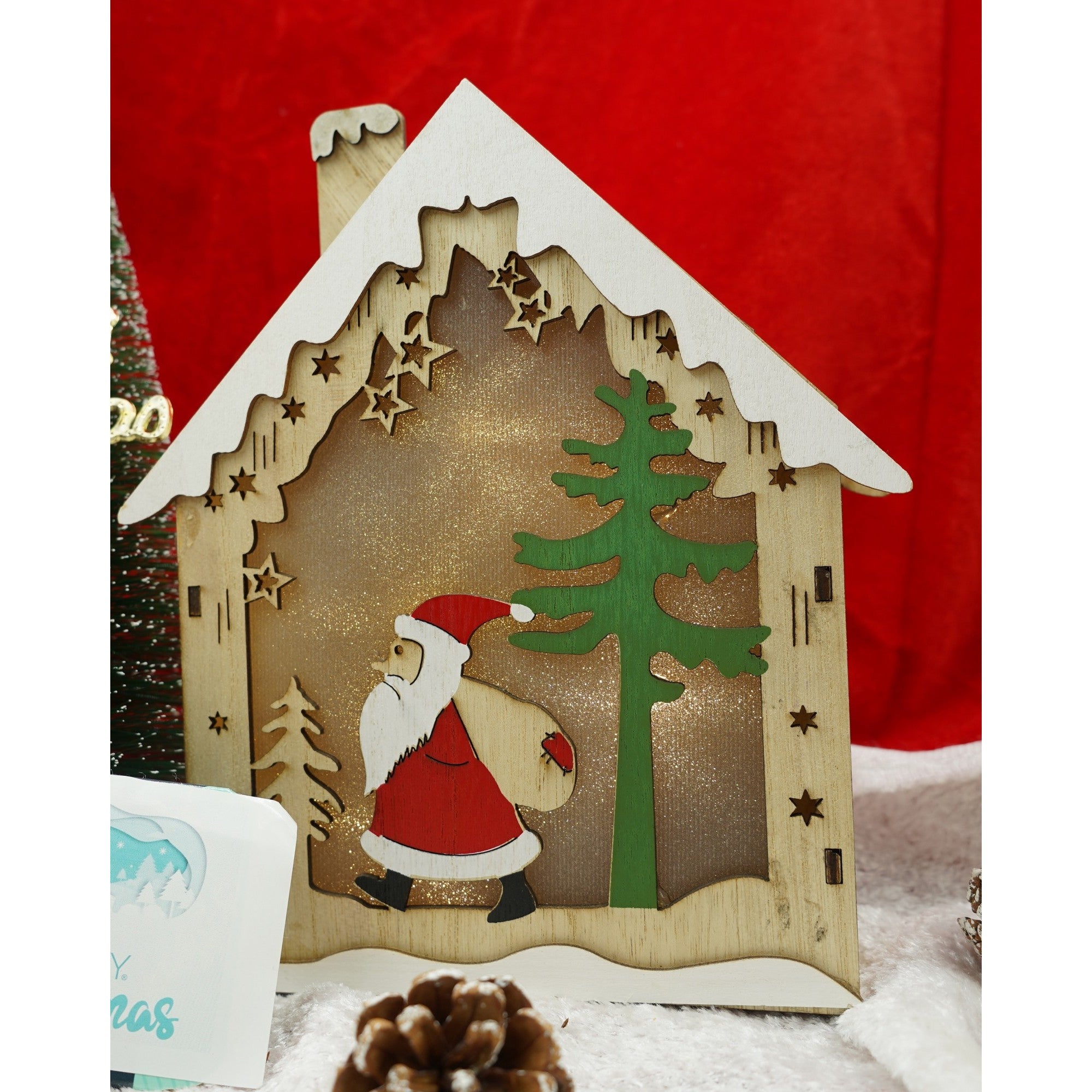 Decoratiune luminoasa, model de Casa cu Mos Craciun, maro, lungime: 18 cm, latime: 21 cm, inaltime: 5 cm, lemn, interior/exterior-3