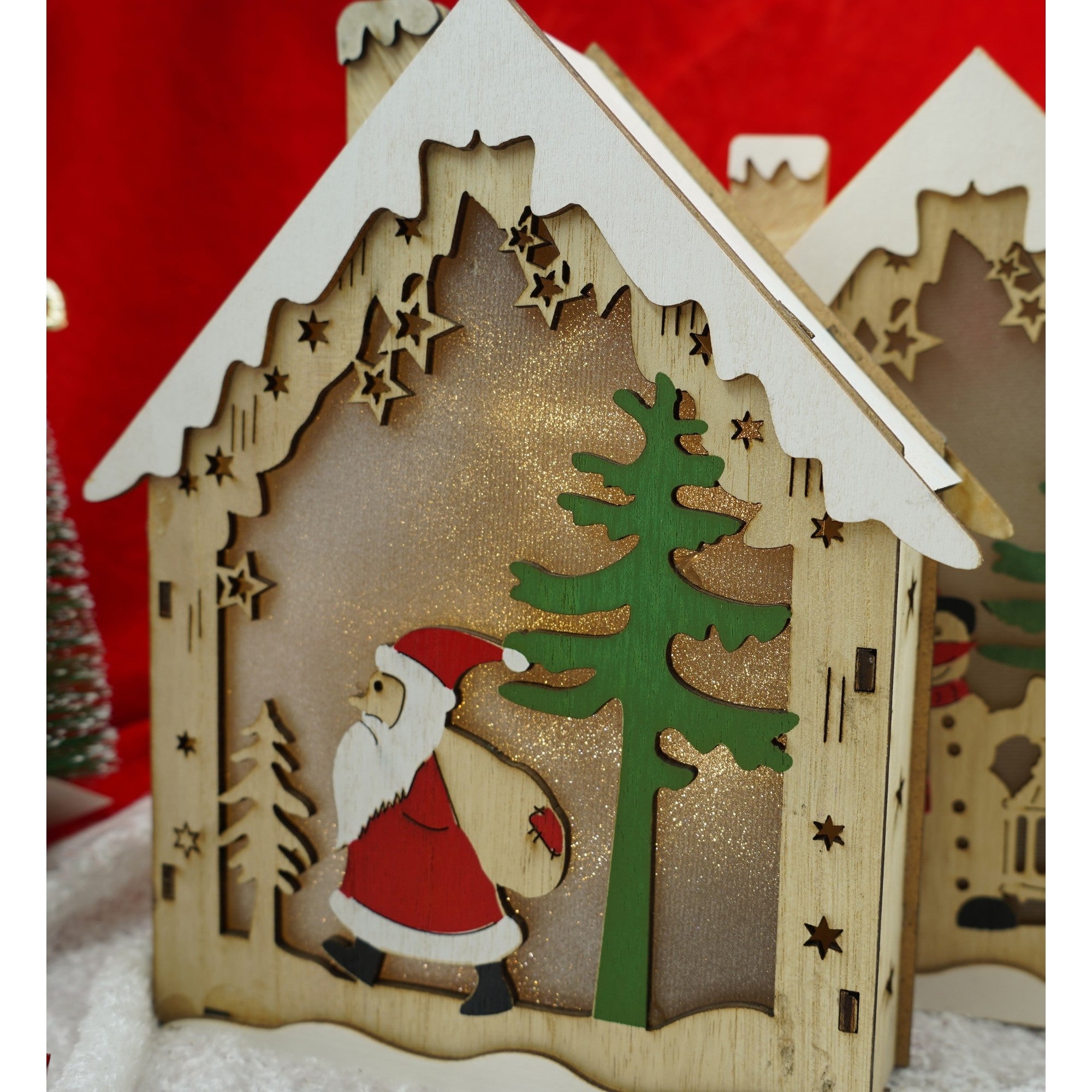 Decoratiune luminoasa, model de Casa cu Mos Craciun, maro, lungime: 18 cm, latime: 21 cm, inaltime: 5 cm, lemn, interior/exterior-4