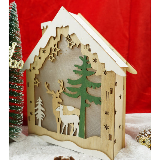 Decoratiune luminoasa, model de Casa cu Reni, maro, lungime: 18 cm, latime: 5 cm, inaltime: 21 cm, lemn, interior/exterior-1